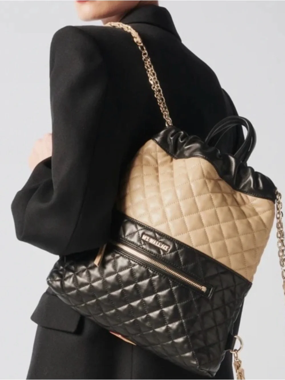 MZ Wallace Audrey Quilted Two-Tone Leather Backpack Tote in Black & Tan